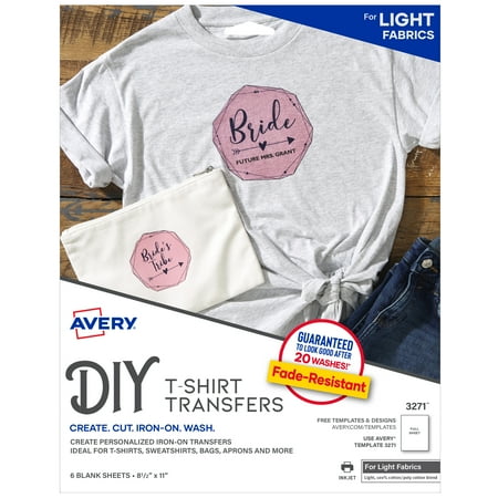 Avery DIY Fabric Transfers, Light Fabrics, 8-1/2" x 11", Paper, Inkjet, Iron-on, 4 Blank Sheets
