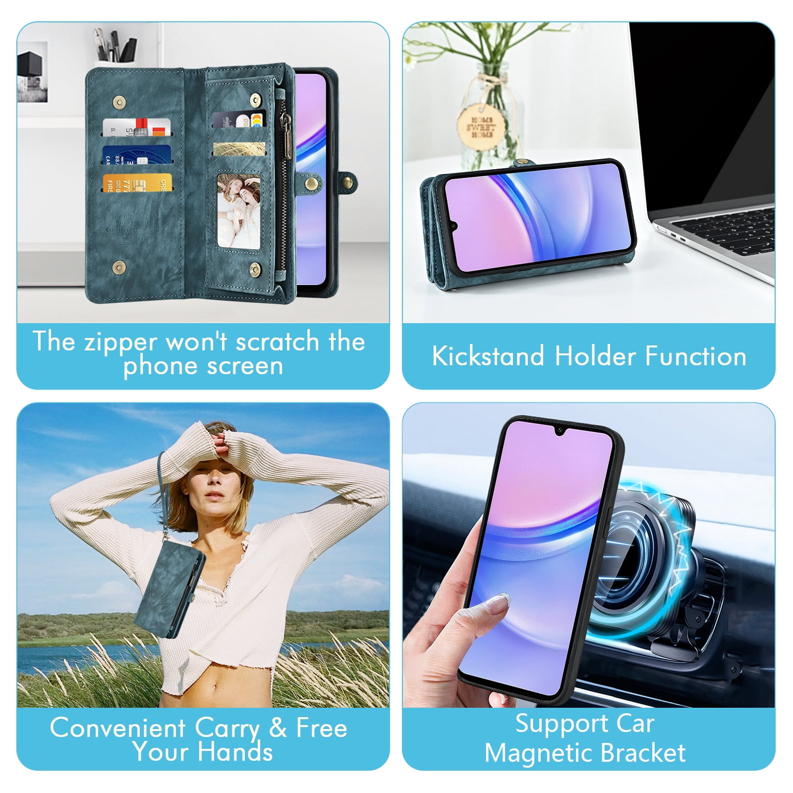Asuwish Compatible with Samsung Galaxy A15 5G/4G Phone Case Zipper Wallet Detachable Tempered Glass Screen Protector Crossbody Lanyard Strap Flip Card Holder Cell Cover for A 15 G5 15A Women Men Blue