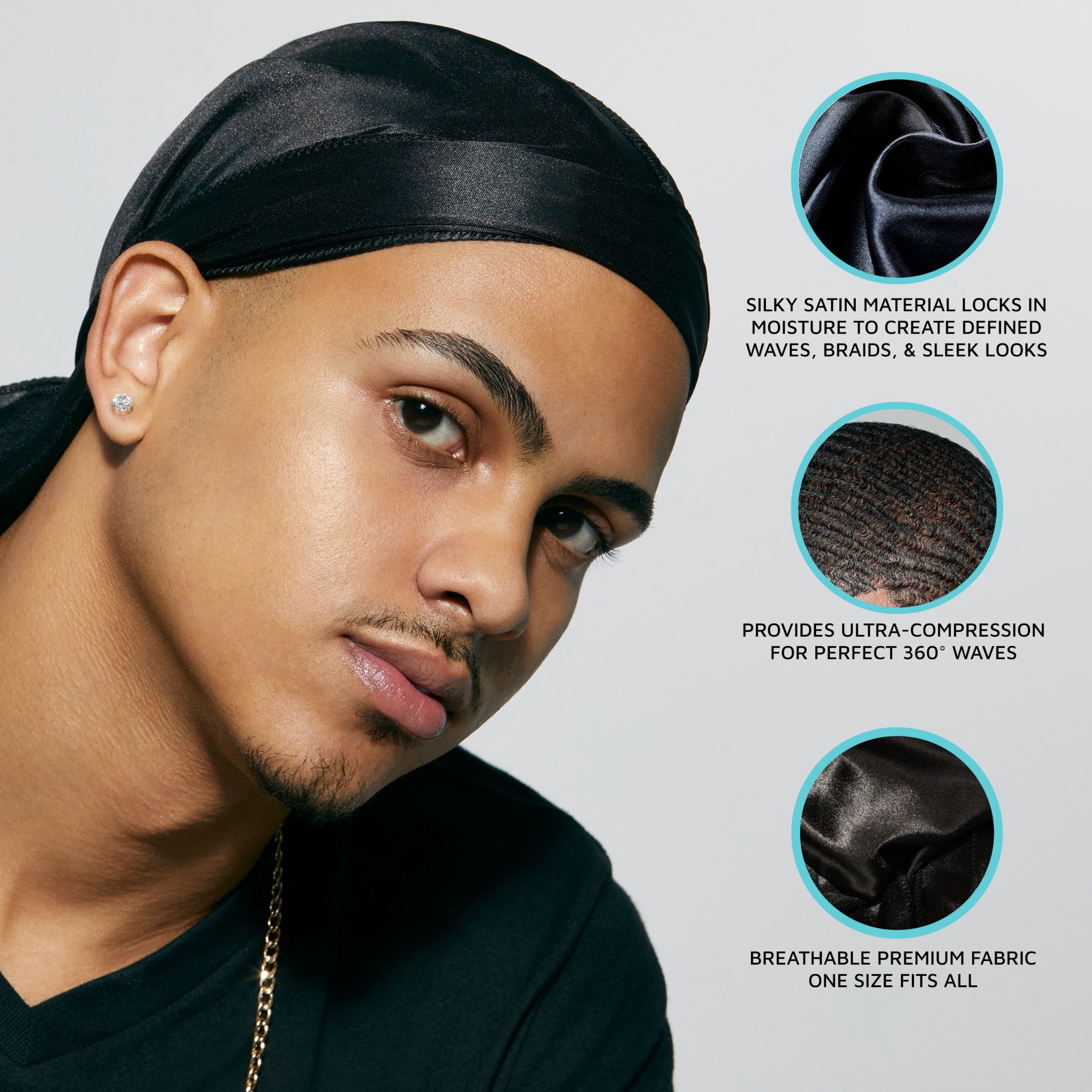 (3 pack) Kiss Colors & Care Power Wave Silky Satin Durag, Solid Black
