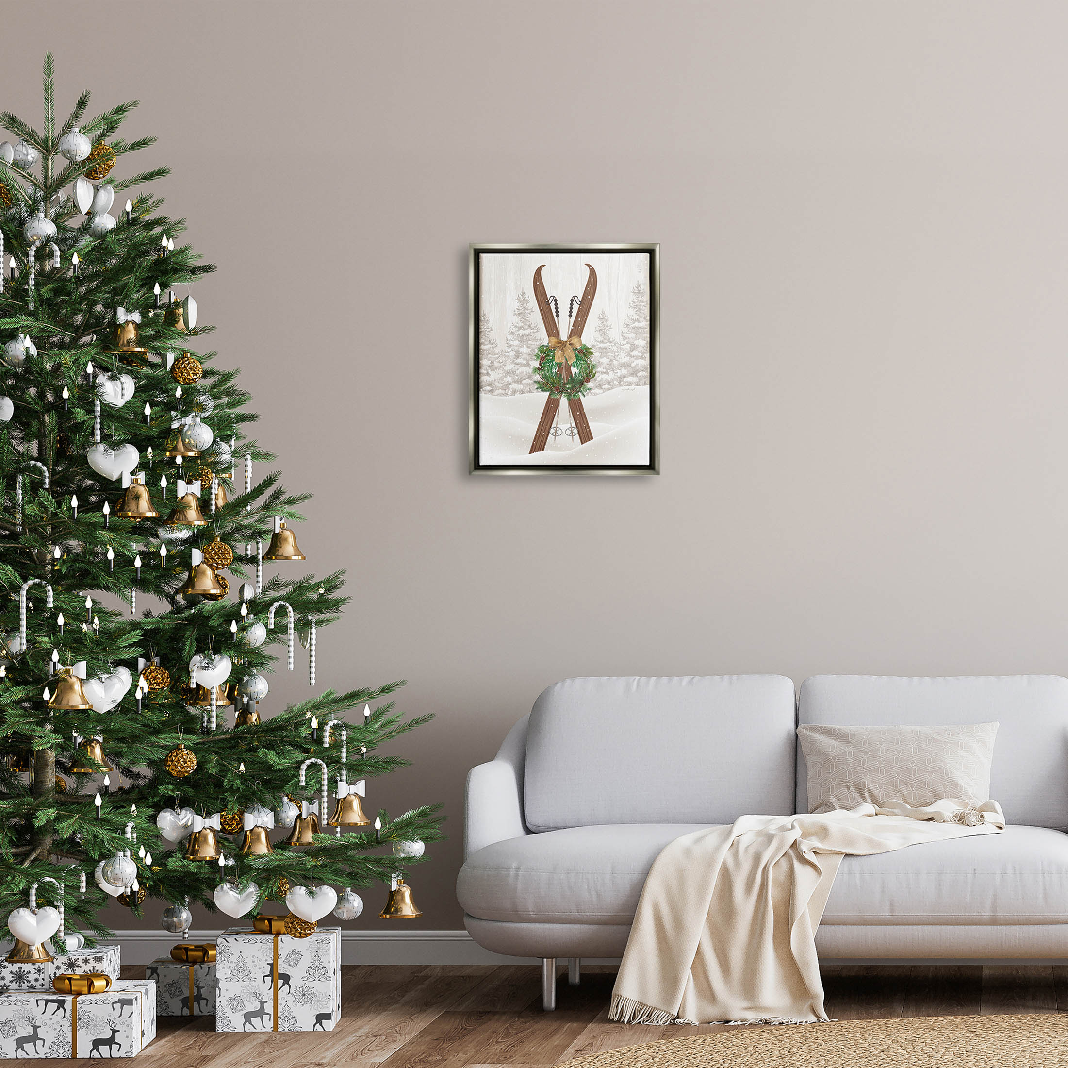 Stupell Industries Winter Skis Holiday Wreath Graphic Art Luster Gray Floating Framed Canvas Print Wall Art, Design by Jennifer Pugh