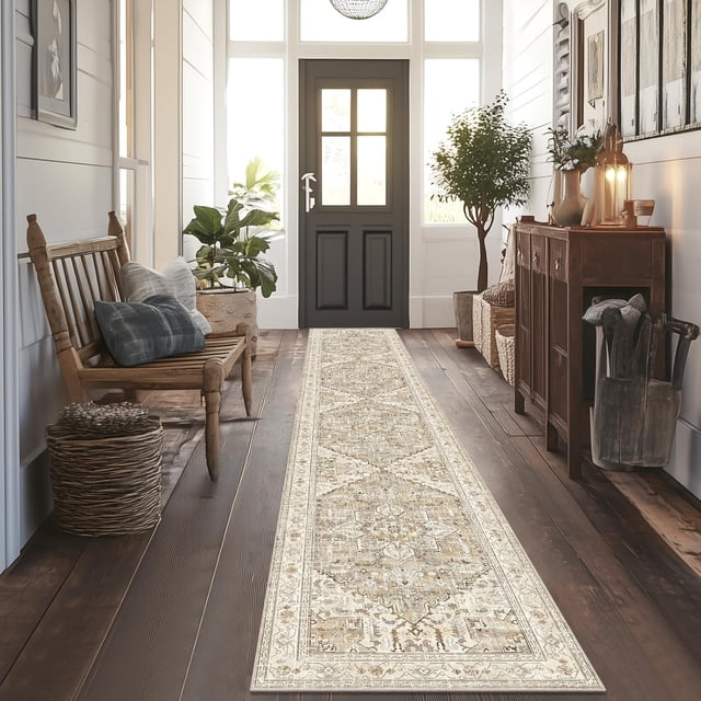 Washable Runner Rug x Boho Vintage Hallway Rug Runner with Rubber Backing Stain Low Pile Faux Wool Distressed Carpet Runner for Bedroom Kitchen Laundry Entrance