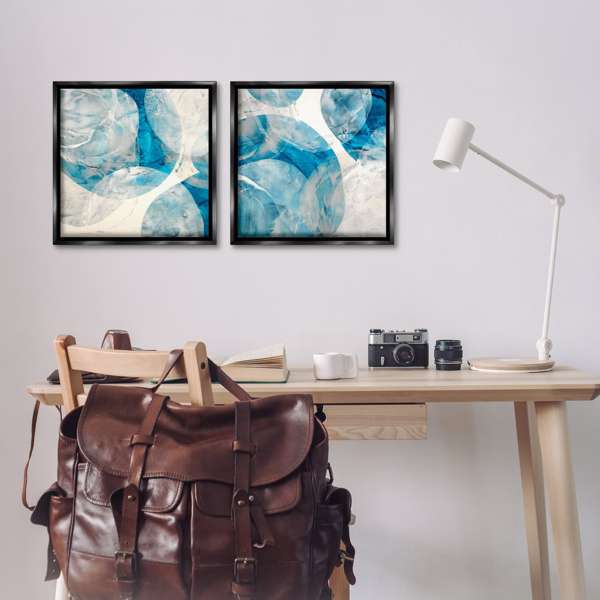 Stupell Industries Abstract Teal Cream Circles Abstract Painting Black Floater Framed Canvas Art Print Wall Art, 18 x 18, Set of 2