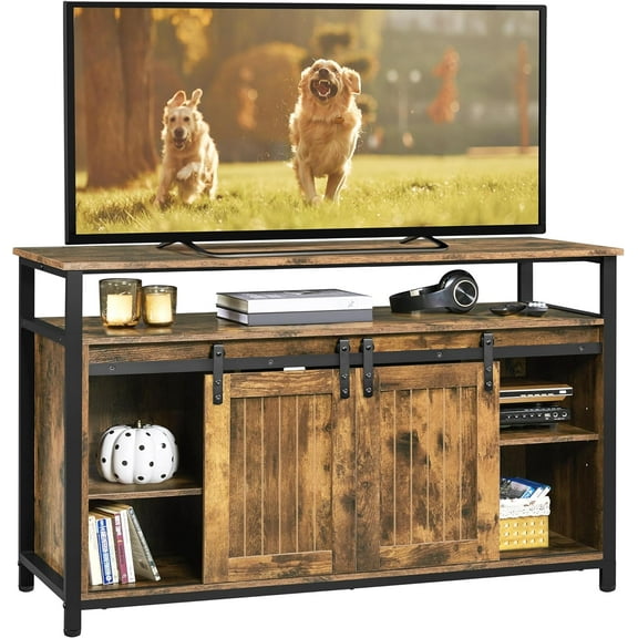 TV Stand for 65 Inch TV, Farmhouse Entertainment Center with Storage, Wood Tall TV Stands for Living Room with Sliding Barn Doors, Rustic Brown