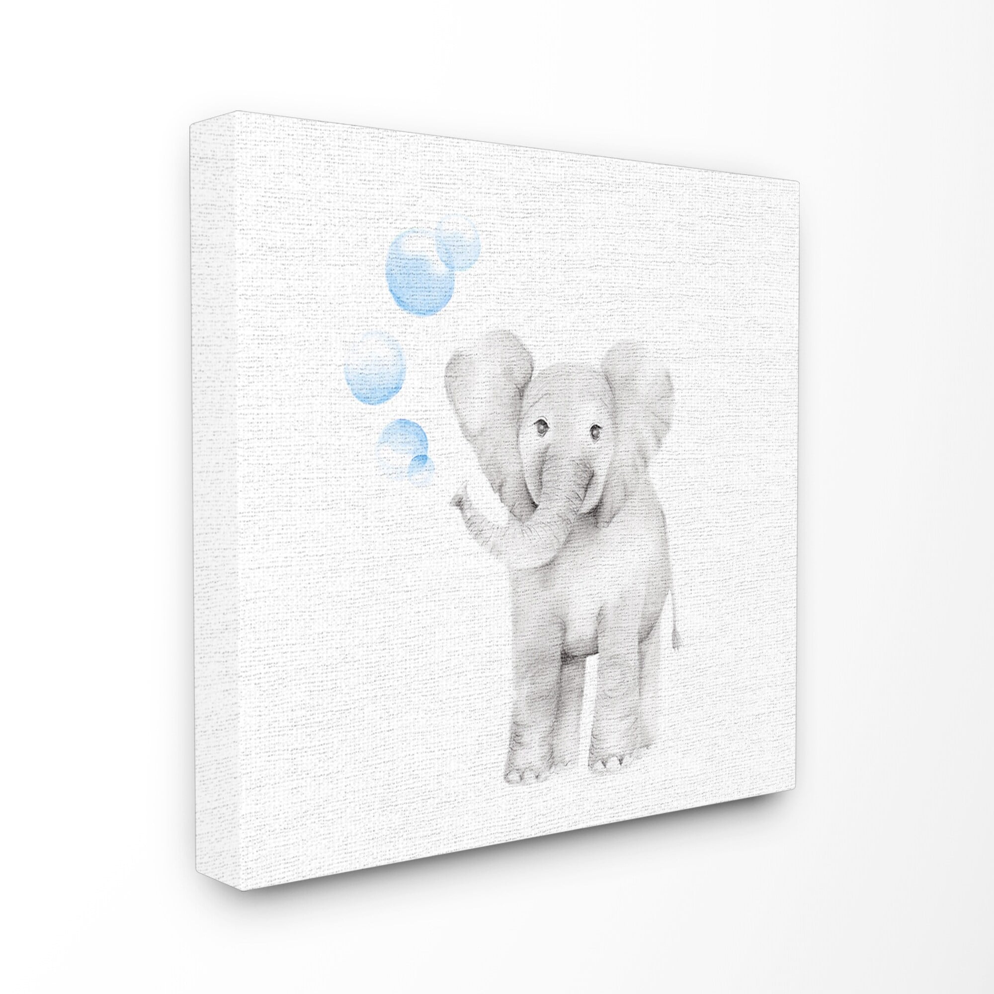 Baby Elephant Blue Bubbles Linen Look Stretched Canvas Wall Art