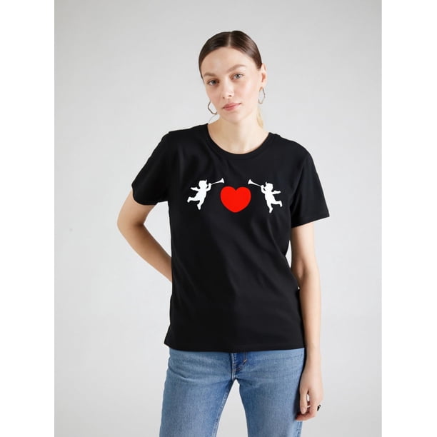 Camiseta con gráfico de la diosa del amor de San Valentín para mujer: manga corta informal, cuello redondo, lavable a máquina, blanca con diseño de corazón rojo. Ideal como regalo de San Valentín para