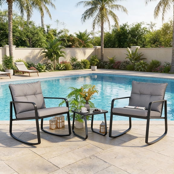 3-Piece Rocking Patio Set with Glass Table, Black Steel Outdoor Furniture & Cushions for Garden, Deck, Balcony, Gray