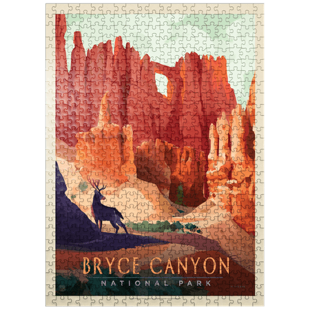 MyPuzzle - Bryce Canyon National Park: Mule Deer Vintage Poster - Premium 500 Piece Jigsaw Puzzle for Adults