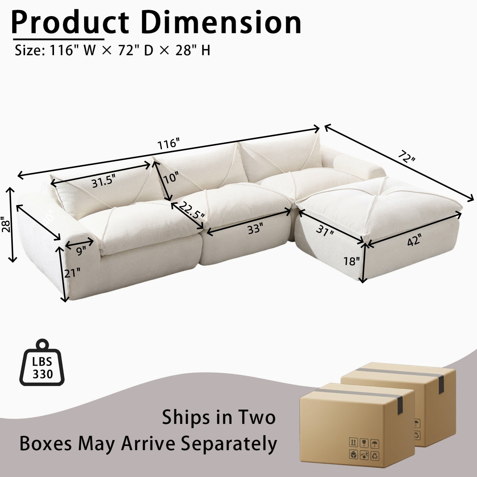 EPOWP 116'' Modular Sectional Sofa, L Shaped Boneless Cloud Couch, Convertible Chenille Couches Set with Ottoman, Memory Foam Sectional Couches for Living Room, Comfy Floor Sofa, No Assembly(White)