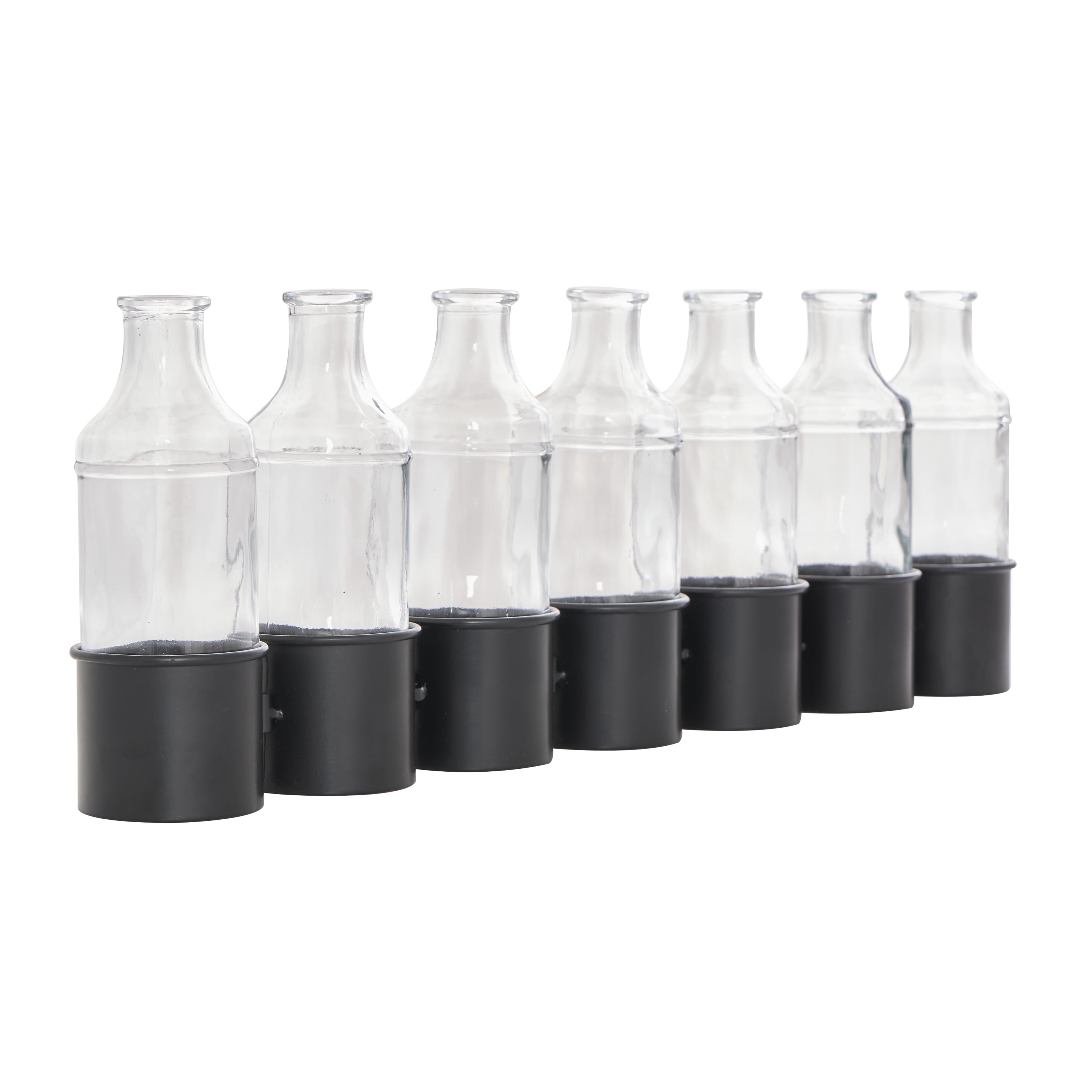 DecMode 8" Adjustable Bottle Black Metal Vase with Clear Glass Bottles