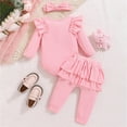thumbnail image 4 of masbird Baby Girl's 3pc Rib Frill Long Sleeve Romper and Pant Set Headband 0 3 6 9 12 18 24 Months,Pink,12-18 M, 4 of 6