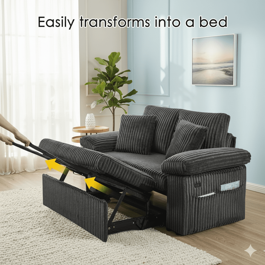 3 in 1 Convertible Sleeper Sofa Bed, 60" Pull Out Couch with Adjustable Backrest, Corduroy Loveseat Sofa Couch with Side Pockets for Living Room Bedroom Apartment Small Space (Dark Grey)