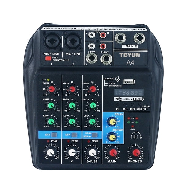 Consola de mezclado Irfora Consola de mezcla de sonido BT de 4 canales portátil Mezclador de audio digital Efectos de reverberación incorporados para la grabación de la red de DJ Transmisión en vivo Irfora Consola de mezclado