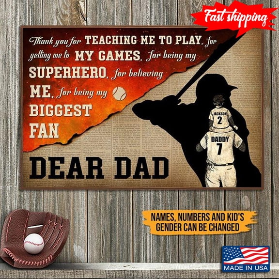 Vintage Book Page Theme Customized Name & Number & Gender Baseball Dad & Baby Thank You For Teaching Me To Play, For Getting Me To My Games 11 x 17 Inch Poster