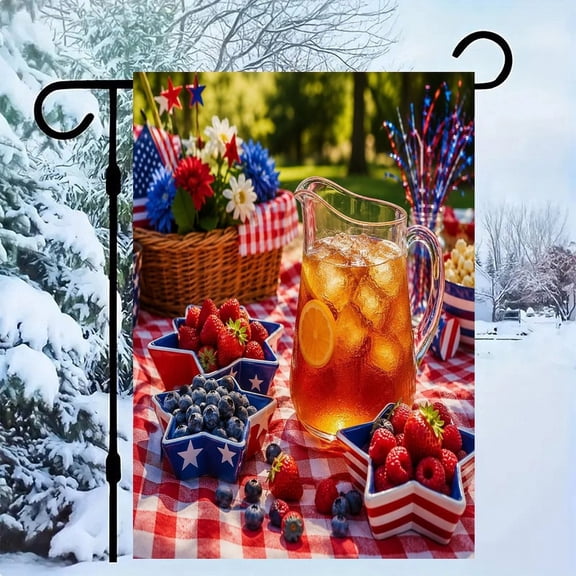 RKSupls Patriotic Linen Double Sided Garden Flag, Independence Day Themed Yard Decor, Patriotic Picnic Lemonade And Berries Outdoor Banner for Holiday Lawn