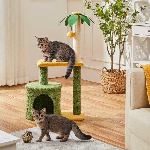 Alden Design Upholstered 2-Level 37" Coconut Palm Cat Tree with Bending Perch, Gree/Yellow