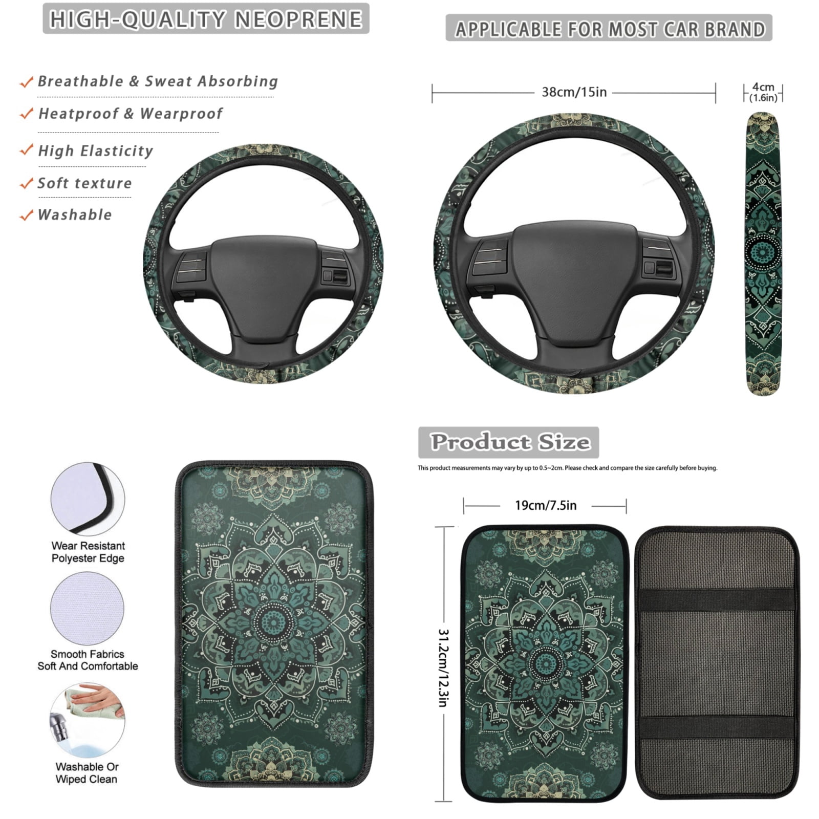 Yuyamidu 13 Pcs Car Seat Covers Set with Green Boho Mandala Flower Steering Wheel Cover Safe Belt Pads Car Center Console Cover Lip Balm Sleeve Keychain Coasters Auto Accessories