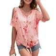 thumbnail image 1 of Camiseta con cuello en V y hombros descubiertos, dobladillo informal con estampado de nudo, Tops frontales con botones para mujer, 1 of 8