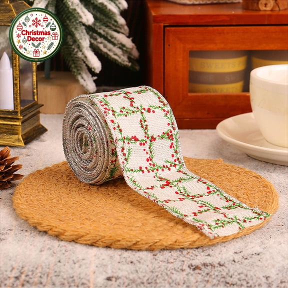 Christmas Wired Burlap Ribbon,Poinsettia Plaid Print Fabric Ribbon for Gift Wrapping,DIY Bow Making,Wreath,Xmas Tree Ornaments,Holiday Party Decoration