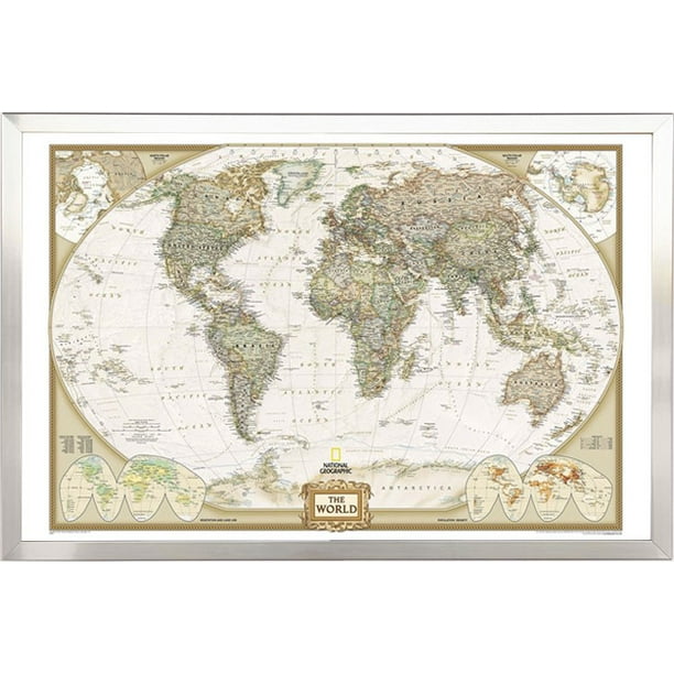 World Map by National Geographic (Push Pin Map) Framed (Brushed Nickel
