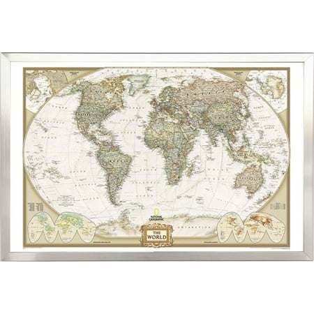 Brush Map - World Map by National Geographic (Push Pin Map) Framed (Brushed Nickel)