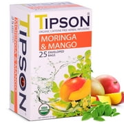 Tipson Organic Moringa Caffeine Free Herbal Tea - Mango Flavor - 25 Foil Enveloped Double Chambered Bags - Antioxidant Boost - Superfood Tea - Keto/Paleo Diet Compatible