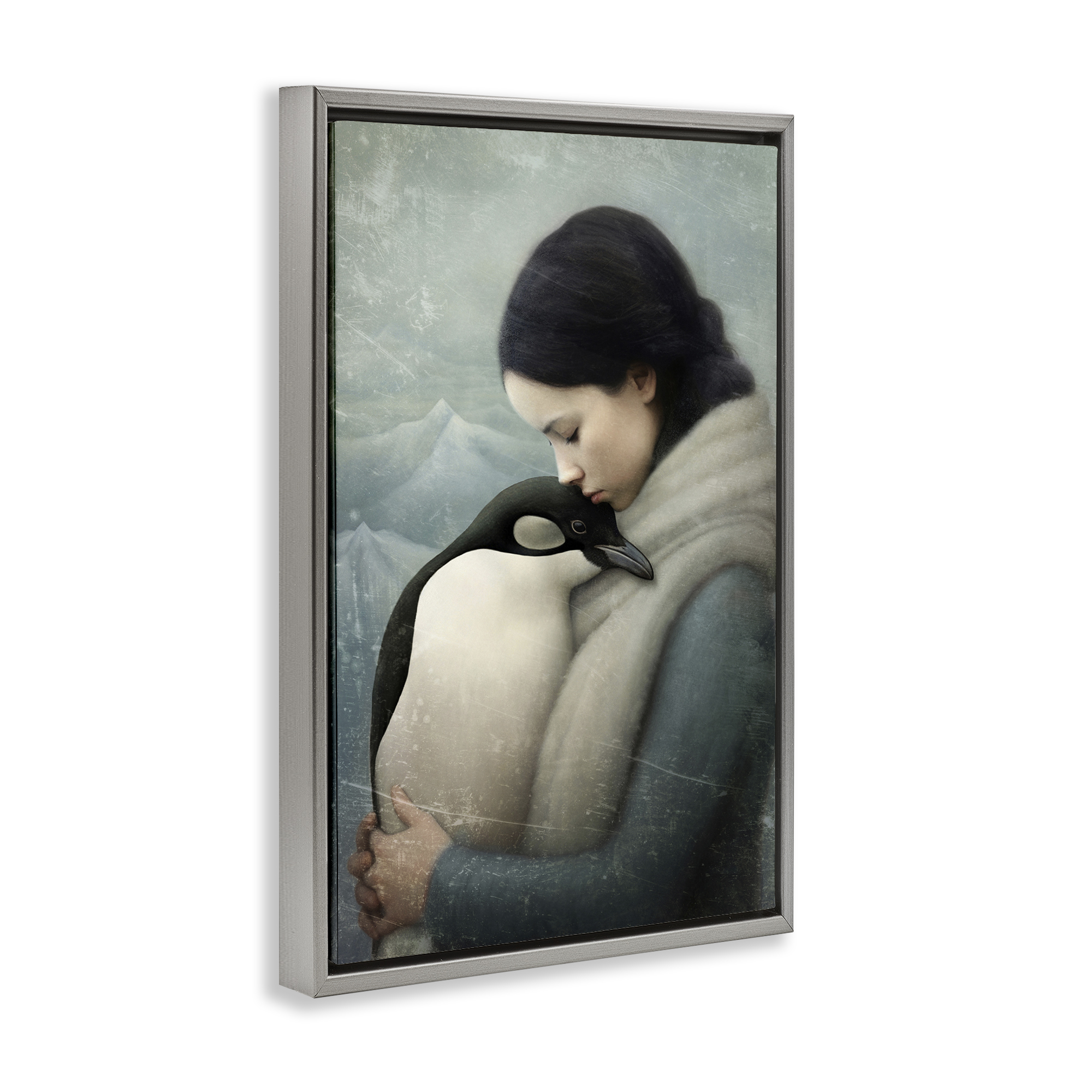 Stupell Industries Girl and Her Penguin People Painting Gray Floater Framed Canvas Art Print Wall Art, 17 x 25