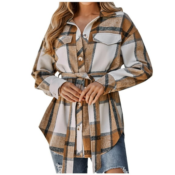 Cnbwig Womens Fleece Coat Plaid Printed Long Sleeve Jacket Boyfriend Style Oversized Button Up Corduroy Shirts with Belt Khaki M