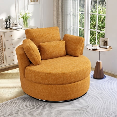 FFH Swivel Accent Chair, Comfy Chenille Barrel Swivel Chair for Living Room, Metal Base, Yellow