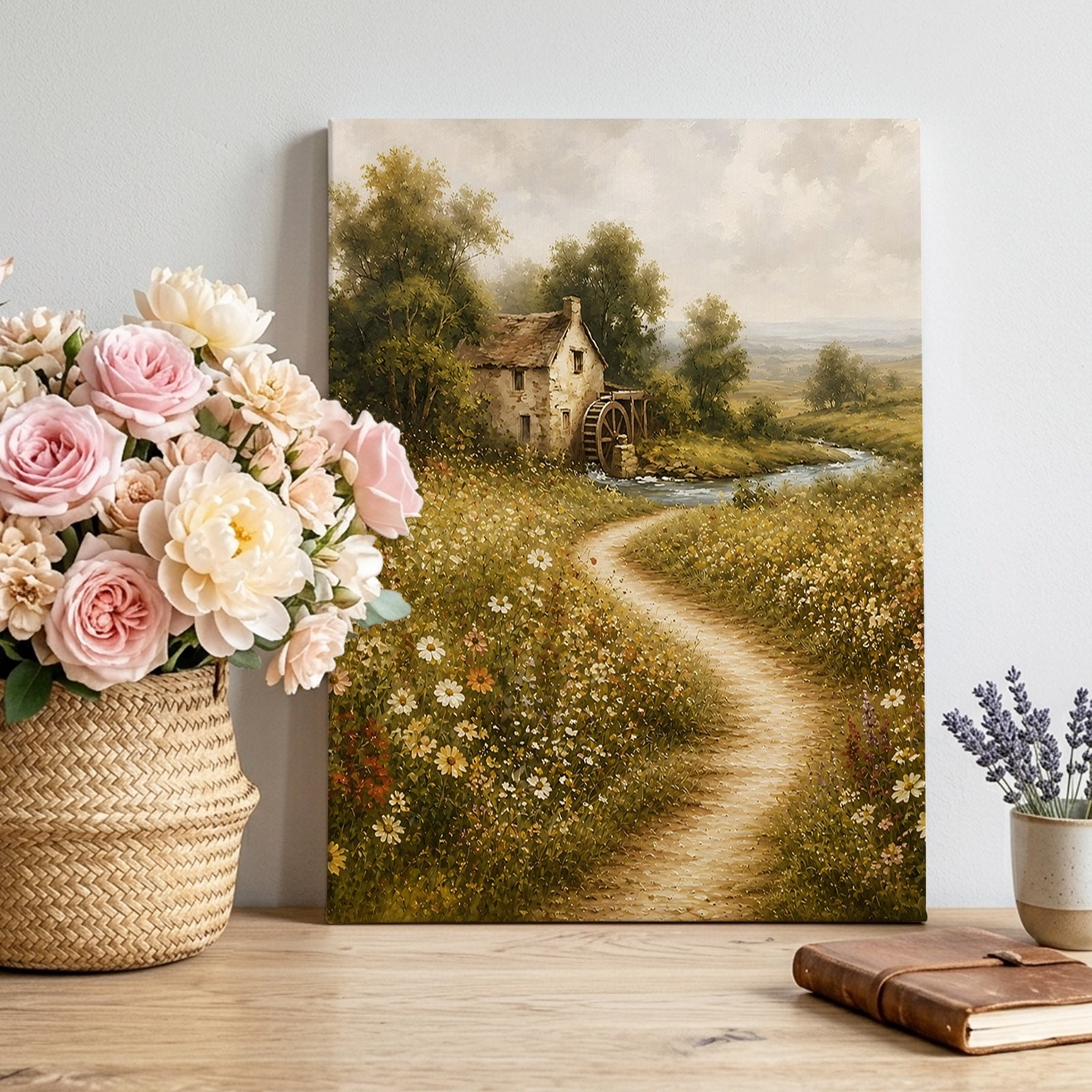 Country Farmhouse Canvas Wall Art Rustic Pastoral Pathway Cottage Wildflower Tree Pictures Wall Decor Wooden Framed Artwork Art Prints for Living Room Hallway Bedroom Office 16 x20