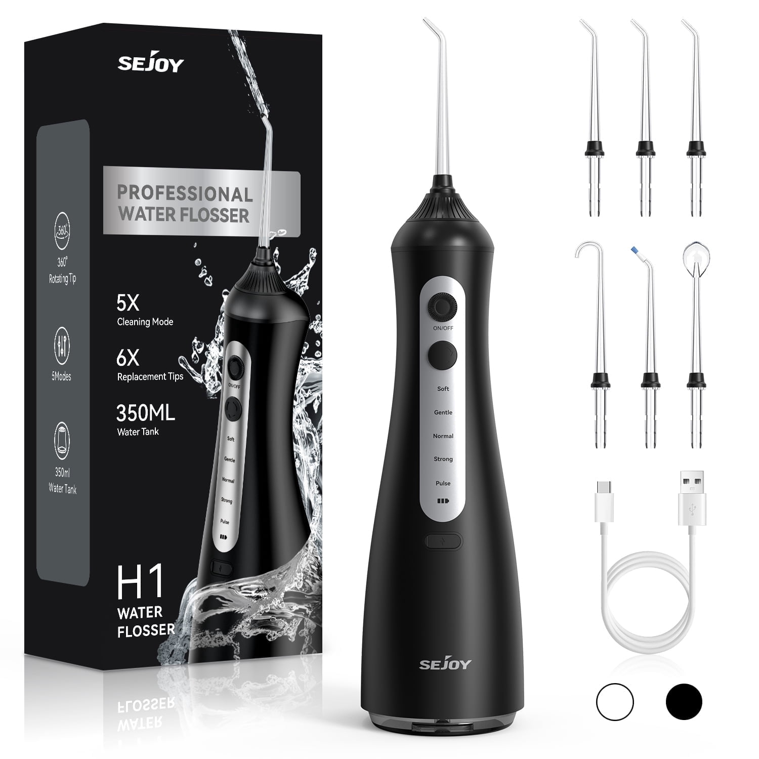 Sejoy Cordless Water Flosser Dental Teeth Cleaner with 6 Jet Tips, Professional 350ML Tank Rechargeable IPX7 Waterproof Dental Oral Irrigator for Home and Travel