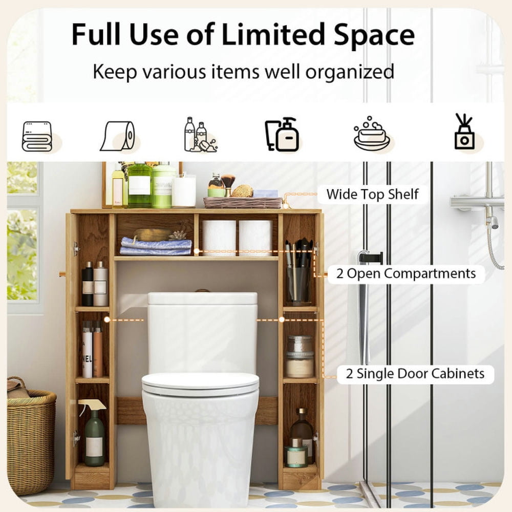 Finihen Toilet Storage Cabinet, Bathroom Cabinet Organizer, Over The Toilet Storage Cabinet with 2 Open Compartments and 4 Adjustable Shelves, for Bathroom, Natural