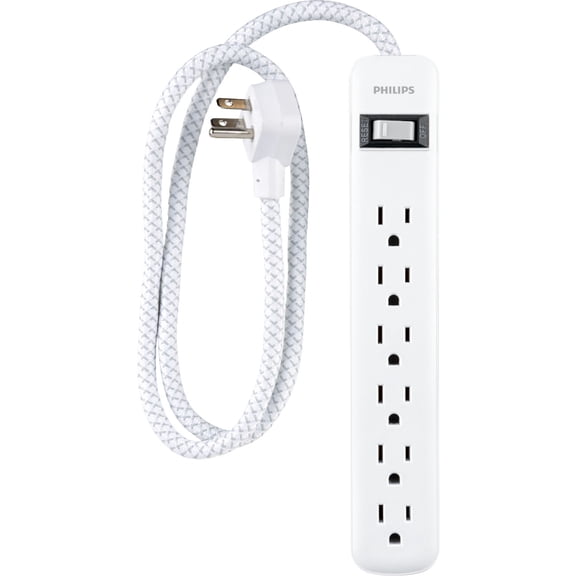 Philips 6 Outlet Surge Protector Power Strip, 720J, 3ft Braided Cord, White