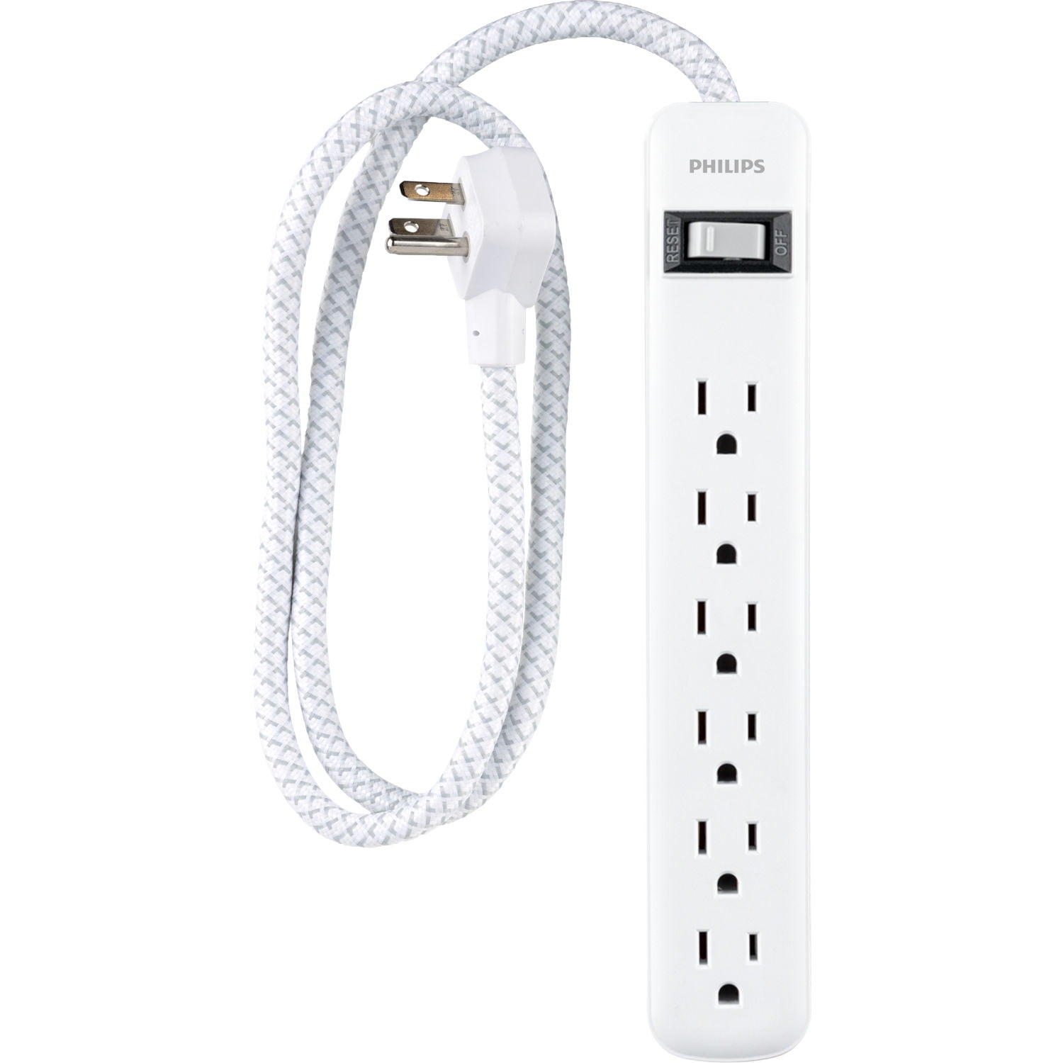 Philips 6 Outlet Surge Protector Power Strip, 720J, 3ft Braided Cord, White