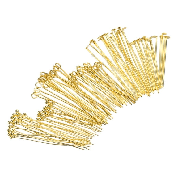 Uxcell 600Pcs Head Pins Set, Flat Head Pins Plated Ball Head Pins Eye Pins for Jewelry Making 30mm 40mm Brass, Gold