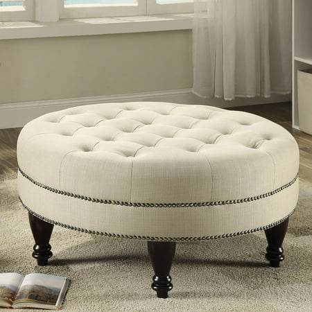 Coaster Home Furnishings Modern Traditional Round Tufted Upholstered Ottoman with Turned Legs and Double Row Bronze Nailhead Trim - Oatmeal Fabric / Espresso