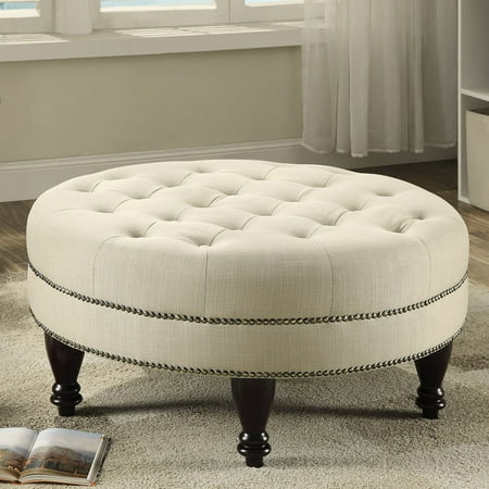 Storage Ottoman Fabric Covered Coaster Home Furnishings Modern Traditional Round Tufted Upholstered Ottoman with Turned Legs and Double Row Bronze Nailhead Trim - Oatmeal Fabric / Espresso ()