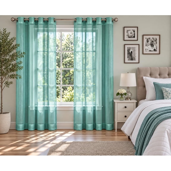 Gorgeous Home Linen 2-Piece Bronze Grommes Sheer Solid Curtain with Grommets 108" Total Width by 84" Long Panels Patio Rubr Green Teal