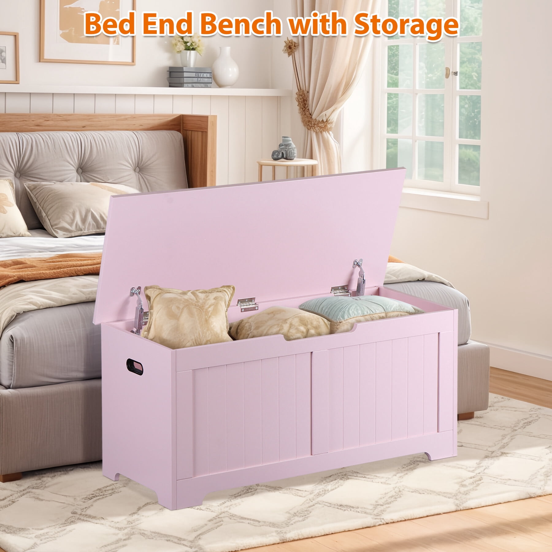 ZENSTYLE Lift Top Entryway Storage Chest/Bench with Side Handles, MDF Frame Toy Box, Pink