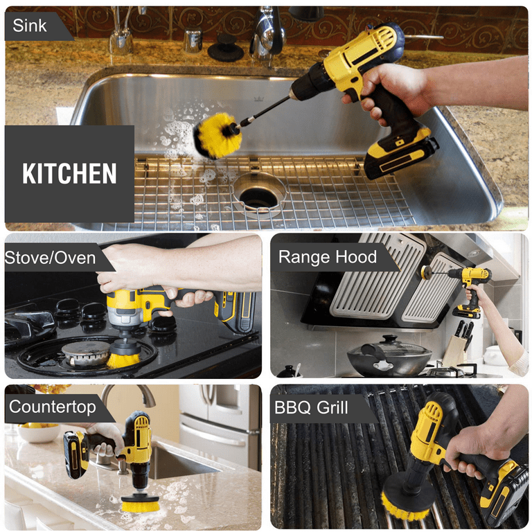 Bring It on Cleaner Drill Brush Attachment Set Three Brushes Power Scrubber Brush Cleaning Kit Plus 6 inch Extension, Use on Grout, Cars, Bathroom