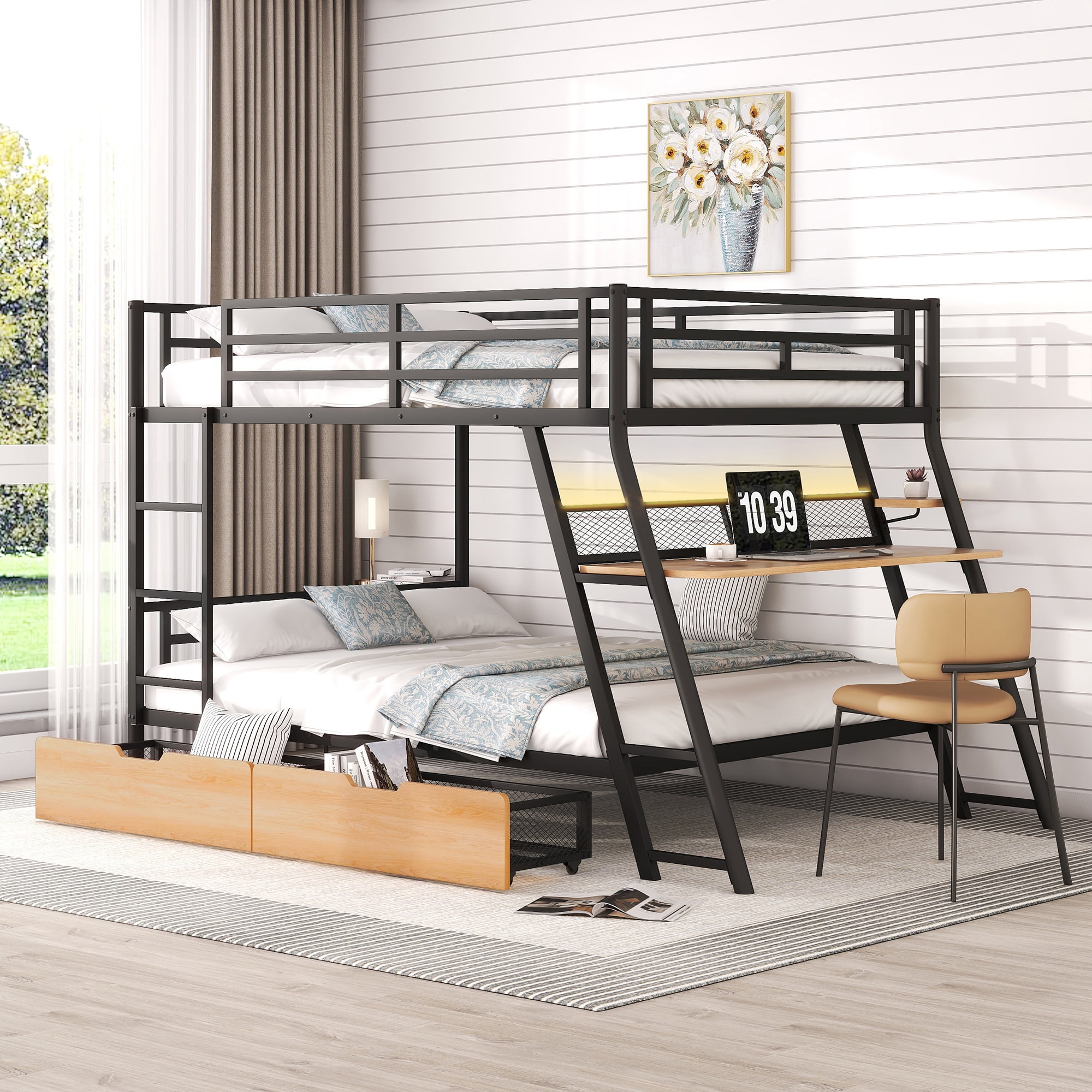 Euroco Metal Full over Full Bunk Bed with Desk and Drawers, LED Light Strip and Cabinet for Kids Teens Room, Black