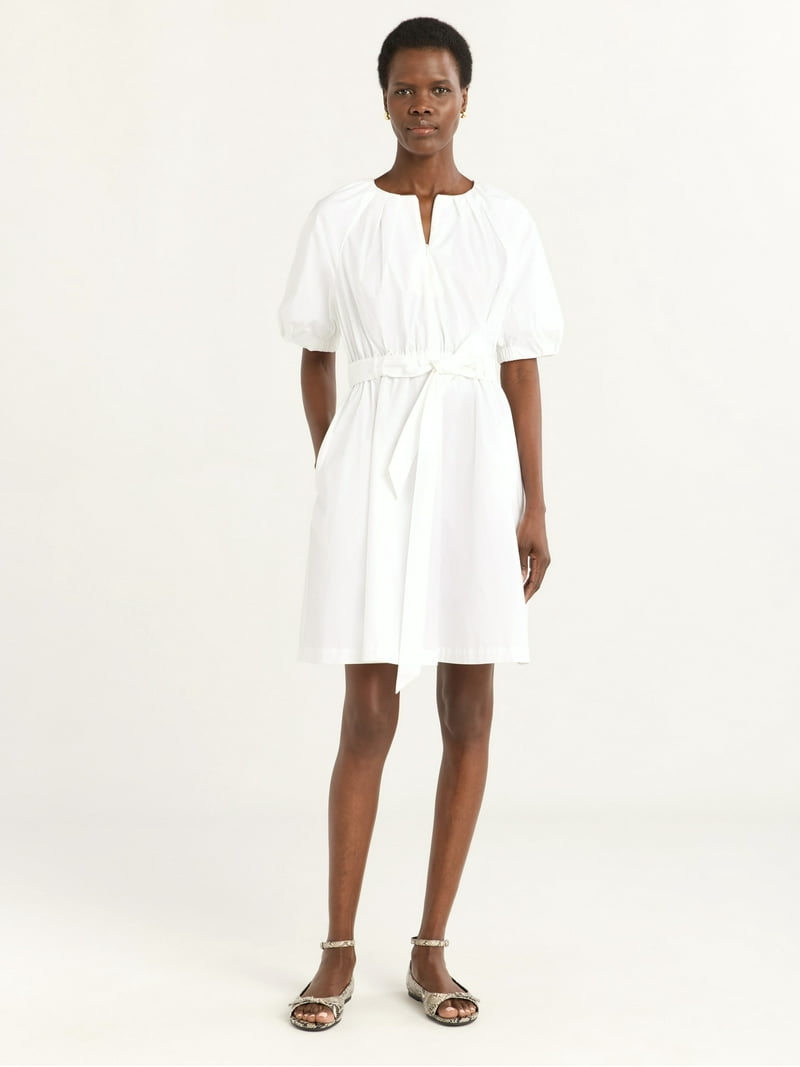 knee length dresses for ladies White mini cotton poplin dress with puff sleeves – DESTREE main image 1