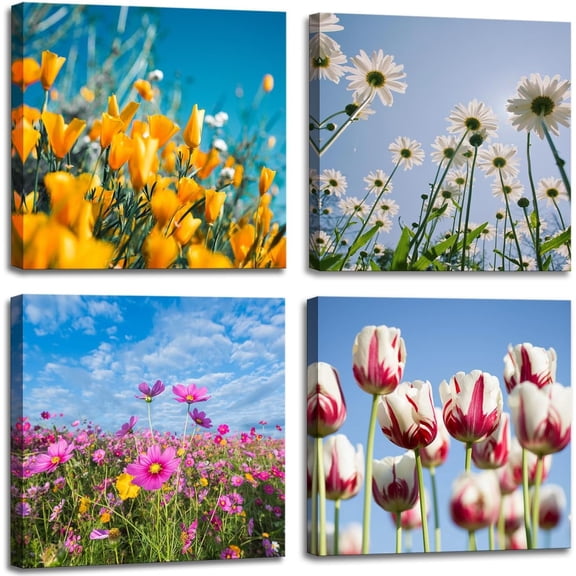 Floral Canvas Wall Art, Colorful Flowers Artwork Painting Prints Modern Pictures Framed for Living Room Bedroom Bathroom Office Home Decor - 16"x16"x4 panel