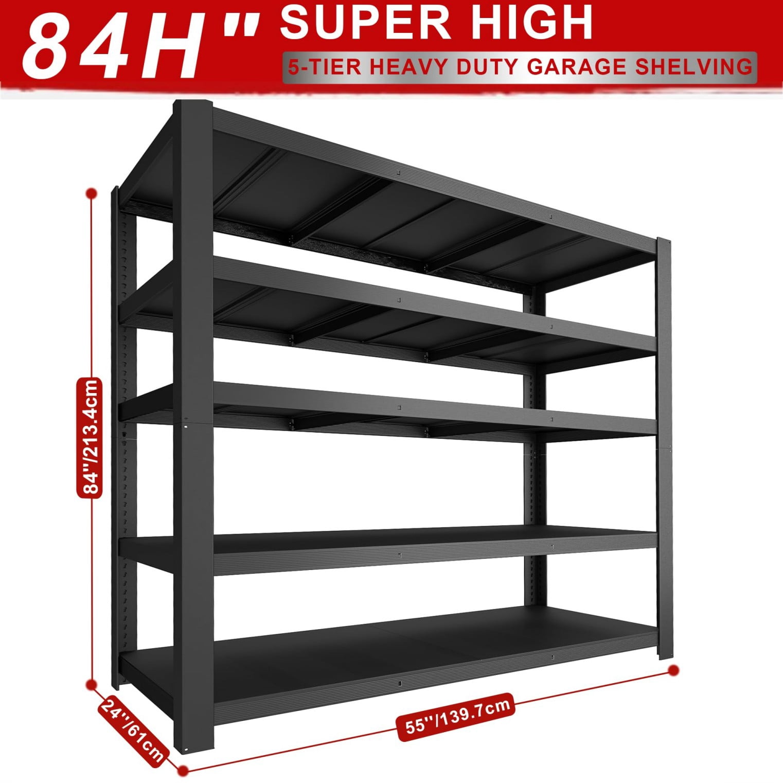 Garage Shelving 84” H Heavy Duty Storage Shelves 3050 lbs, 5 Tier Adjustable Metal Shelving Unit for Garage Warehouse Basement Pantry, Black