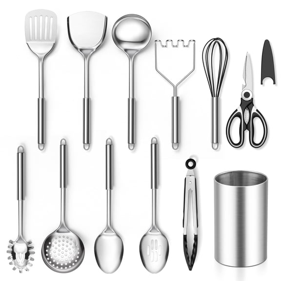 Vesteel 12-Piece Cooking Utensils Set, Stainless Steel Kitchen Utensils with Holder, Non-stick Cookware Set Include Pasta Server, Potato Masher and Spatula, Heat Resistant & Dishwasher Safe