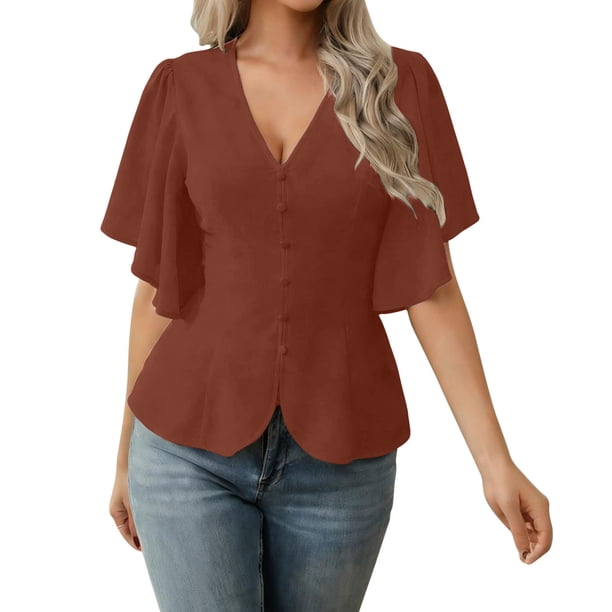Casual Tops V-Cuello Manga Corta Suéter Camisa Moda Tee para las Mujeres Elegante Blusa de Verano