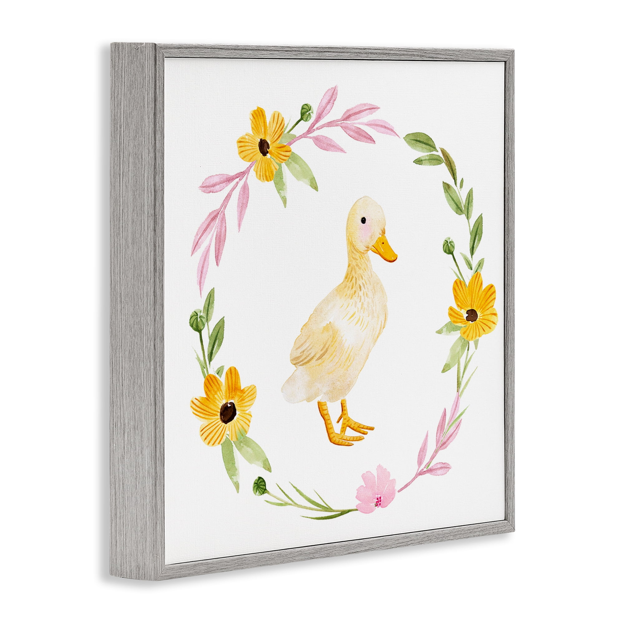 Stupell Industries Duckling with Daisy Wreath Animals & Insects Painting Gray Framed Art Print Wall Art, 24 x 24