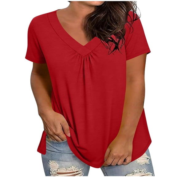 Qodauz Short Sleeve T Shirts for Women Plus Size V Neck Tunic Tops Casual Loose Solid Color Pleated Tees Red 5XL