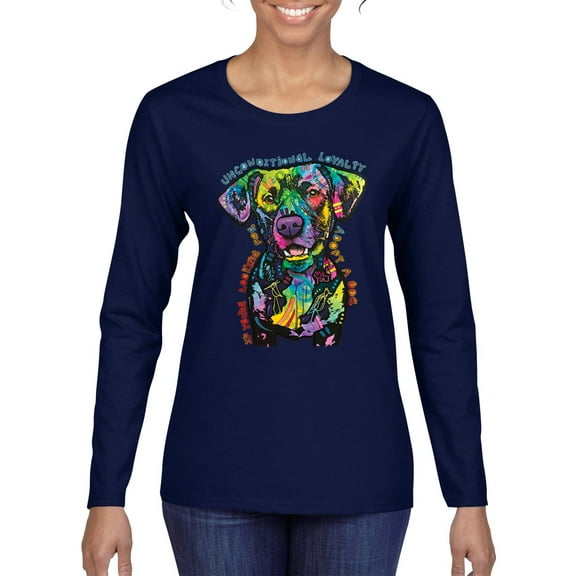 Dean Russo Unconditional Loyalty Dog Lover Womens Graphic Long Sleeve T-Shirt, Navy, Large