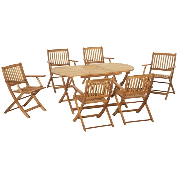 Outsunny 7 Piece Wood Patio Dining Set for 6, Dining Table and Chairs Set with Umbrella Holes