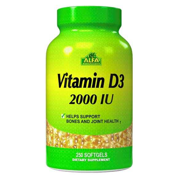 Vitamin D3 2000 IU by Alfa Vitamins - Immune Boost - Healthy Joints & Bones - 250 Softgels